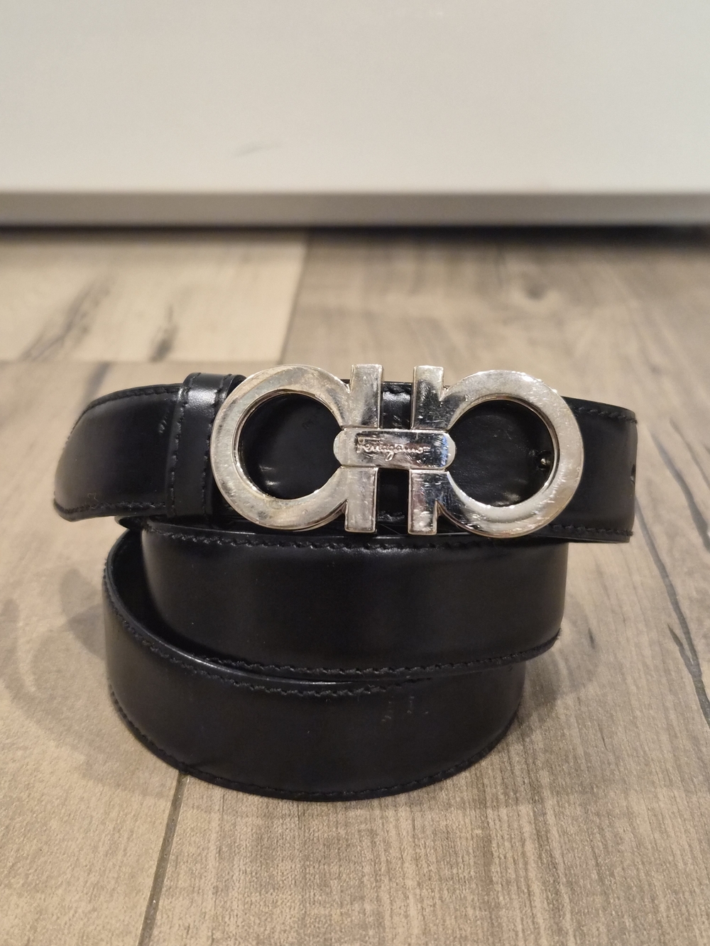 Salvatore Ferragamo Black Leather Belt with Silver Double Gancini Buckle